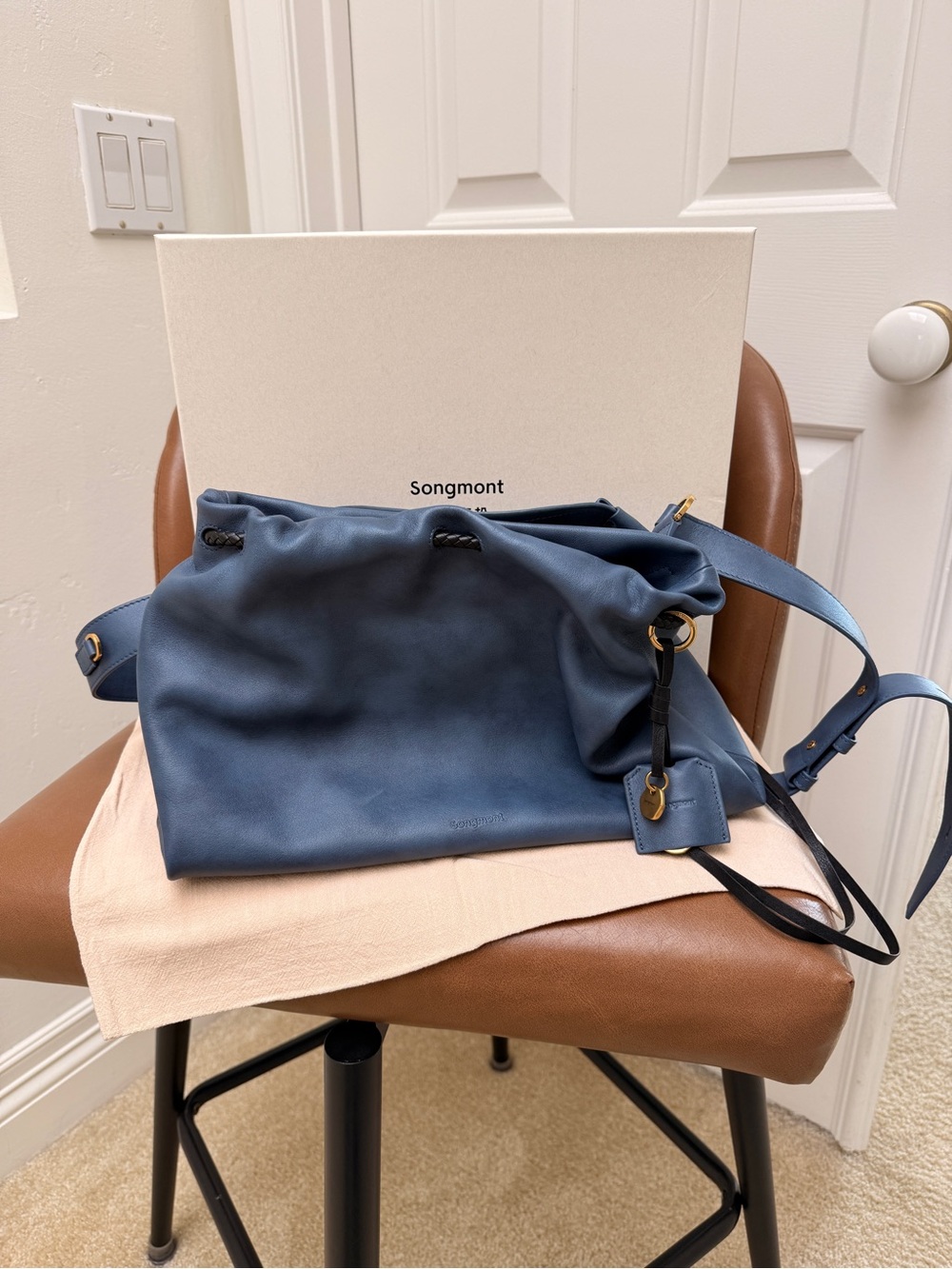 Songmont Navy Leather Gather Bag (Size “Small”)